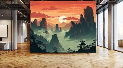 scenic view of Zhangjiajie National Forest Park during sunrise or sunset in comic art style illustration. Wall mural