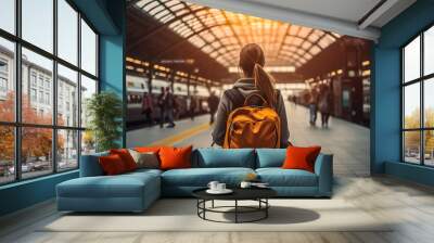 Young woman with backpack on her back waiting at large train station, view from behind.  Digital illustration generative AI. Wall mural