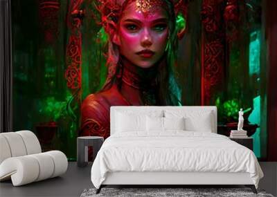 the most beautiful elven maiden Bronze glow Bright green eyes Wearing silk Wearing Masquerade Standing behind small podium at entrance to pink lit bar Opulent red surroundings Dark fantasy detailed  Wall mural