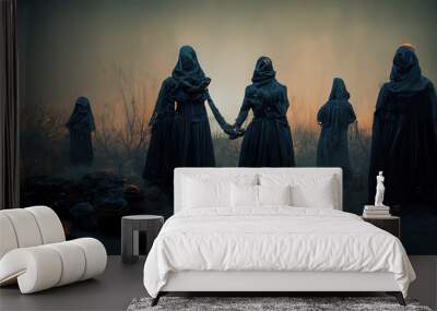 A gloomy dramatic background, witches in black cloaks perform a ritual in a dark gloomy forest. Background for Halloween holiday. Magic atmospheric background, witchcraft. 3D illustration Wall mural