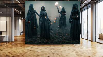 A gloomy dramatic background, witches in black cloaks perform a ritual in a dark gloomy forest. Background for Halloween holiday. Magic atmospheric background, witchcraft. 3D illustration Wall mural