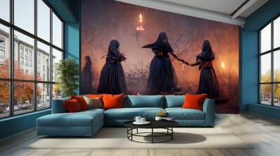 A gloomy dramatic background, witches in black cloaks perform a ritual in a dark gloomy forest. Background for Halloween holiday. Magic atmospheric background, witchcraft. 3D illustration Wall mural