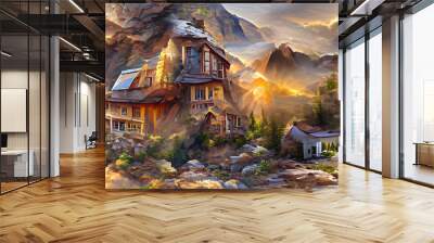 Abstract sunny fantasy landscape with mountains and houses and forest. Mountain fabulous landscape. 3D illustration. Wall mural