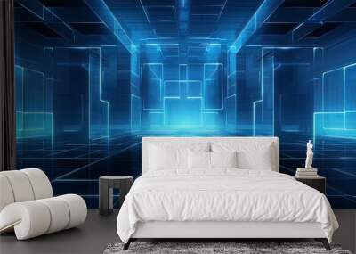 Blue neon background, empty interior futuristic architecture. Generation AI Wall mural