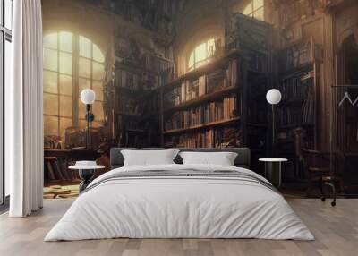 
Bookcase with old books in the interior. Bookstore, library, bookshelves in a dark room with a window. 3D illustration. Wall mural