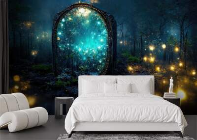 Dark mysterious forest with a magical magic mirror, a portal to another world. Night fantasy forest. 3D illustration. Wall mural