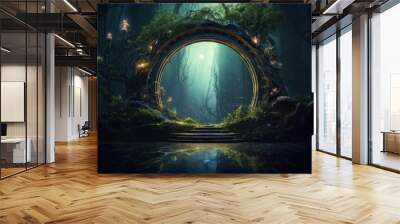 	
Dark mysterious forest with a magical magic mirror, a portal to another world. Night fantasy forest. 3D illustration Wall mural