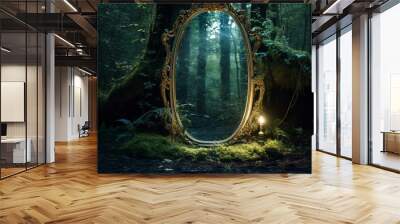 Dark mysterious forest with a magical magic mirror, a portal to another world. Night fantasy forest. Wall mural