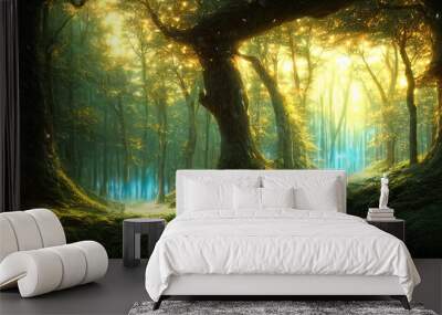 Dense dark fantasy forest, with big trees, green, sunset light. The magical atmosphere of the forest, fairy forest, magic light. 3D illustration Wall mural