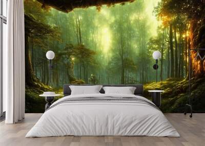 Dense dark fantasy forest, with big trees, green, sunset light. The magical atmosphere of the forest, fairy forest, magic light. 3D illustration Wall mural