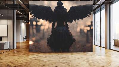 fantasy black angel. black angel feathers. fantasy landscape of a cemetery with a black angel. drama Wall mural