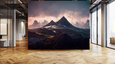 Fantasy mountain landscape with clouds and fog. 3D illustration. Wall mural