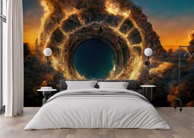 Fantasy night landscape with magical power, ancient stones with magical power and light, runes. Passage to another world, magic door, light, neon. 3D illustration Wall mural