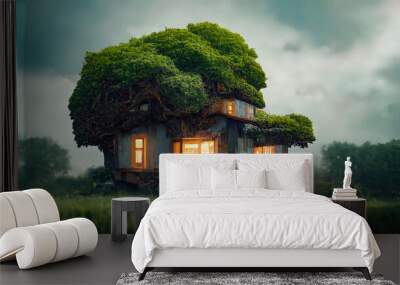 Fantasy tree house. Fairytale fantasy landscape, tree house. 3D illustration Wall mural