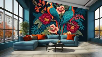 Floral vibrant exotic background with tropical flowers and plants, red parrots. Floral background. AI Wall mural