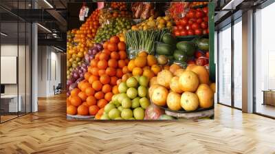 Fresh fruits and vegetables displayed at a vibrant market in the early morning light Wall mural