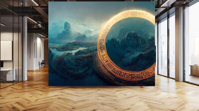 Giant floating circular ancient stone sacred structure. Abstract fantasy landscape sea, ocean. Passage to another world, abstract door, neon. Unreal world. 3D illustration. Wall mural