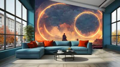 Giant floating circular ancient stone sacred structure. Abstract fantasy landscape sea, ocean. Passage to another world, abstract door, neon. Unreal world. 3D illustration. Wall mural