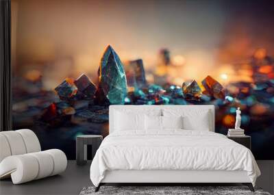 Magic multi-colored crystals. Abstract background, glittering crystals, stones. 3D illustration. Wall mural