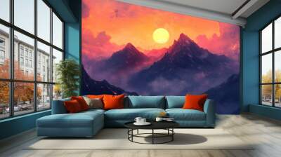 Majestic sunrise over rugged mountains with vibrant clouds and glowing landscape in a serene natural setting Wall mural