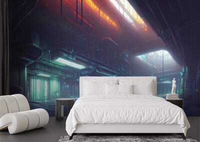 Modern underground parking, tunnel, basement with wires and neon light. Rough concrete, asphalt, light reflection, dark empty studio, room, grunge scene. 3D illustration Wall mural