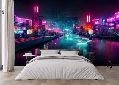 Neon night city of the future. Night panorama of the city, neon light, lights of a large metropolis, high-rise buildings. 3D illustration	
 Wall mural