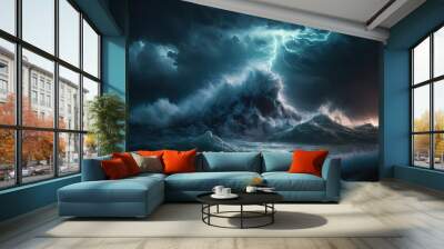 Night sea dramatic landscape with a storm. Night storm on the ocean. Gloomy giant waves and lightning. Dark cloudy sky above the water. AI Wall mural