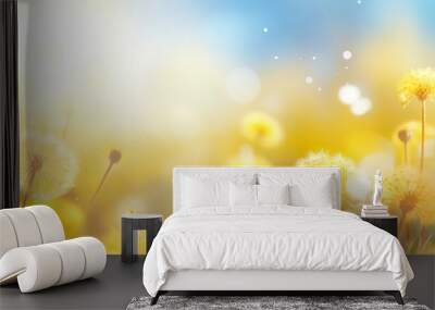 Spring background with flowers and dandelions, blurred bokeh. Generation AI Wall mural