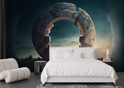 Stone round portal to another world. Stone ring, arch, circle in the mountains, a place of energy power. Fantasy landscape. AI Wall mural