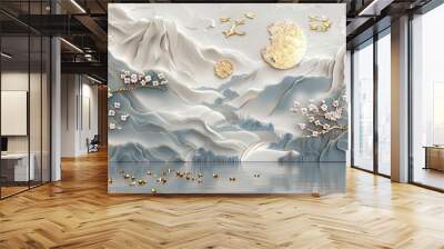 Volumetric decorative Japanese landscape, stucco molding, on a plastered wall with gold elements. Wall mural