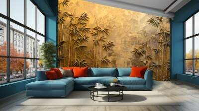 Volumetric Japanese landscape of a bamboo forest with golden elements and flowers. Wall mural