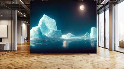 Winter landscape with glaciers. neon light. Blocks of ice on the water in Antarctica. Beautiful winter snow background. 3D illustration. Wall mural