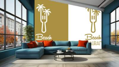 Banner con texto Beach Restaurant con tenedor con forma de silueta de palmera con lineas en fondo verde y fondo blanco Wall mural