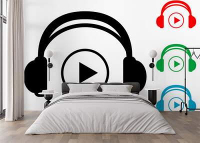 Icono plano auriculares con simbolo play varios colores Wall mural