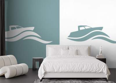 Logo Nautical. Silueta de lancha rápida con olas de mar Wall mural