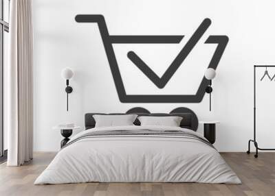 Logotipo con silueta de carrito de la compra como casilla de verificación con checkmark con lineas en color gris Wall mural