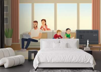 Family at home. Mother care about father. children playing game console. Vector cartoon characters. Wall mural