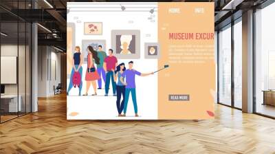 Landing Page Promoting Historical Cultural Museum Excursions. Guide Showing Contemporary Artworks and Famous People Painting Portraits Collection. Visitors at Classic Gallery or Medieval Palace Wall mural