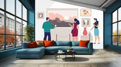 Modern or Classic Artist Drawings Exhibition in Art Museum Concept. Man and Women Looking on Landscape, Portrait, Still Life Drawings on Wall, People Visiting Museum Trendy Flat Vector Illustration Wall mural