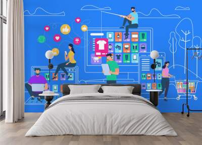 People Shopping Online on Blue Outline Background Wall mural