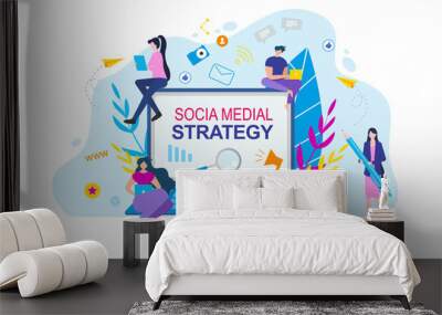 Social Media Strategy Cartoon People with Notebook Wall mural