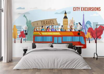 Touristic City Excursion, Bus Tour Service Trendy Flat Vector Advertising Banner, Promo Poster Template. Female Tour Guide with Loudspeaker Talking to Tourists Group on Double-Decker Bus Illustration Wall mural