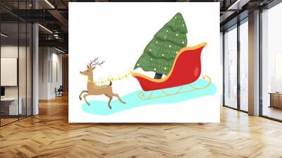 
Christmas reindeer with sleigh and Christmas tree Wall mural