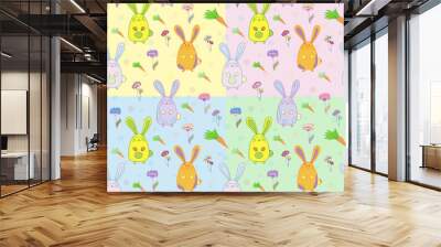 Stylish colorful seamless with cats,rabbits, flowers pattern bac Wall mural