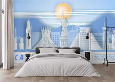 america famous landmark paper art style with blue and white color,vector illustration Wall mural