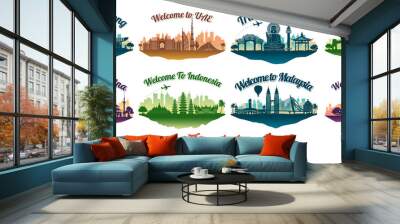 bundle of famous landmark of the Asia with silhouette style on float island,travel and tourism Wall mural