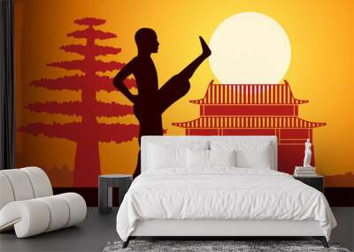 Chinese Boxing Kung Fu martial art famous sport,monk Train to fight,around with China landmarks,sunset silhouette design Wall mural