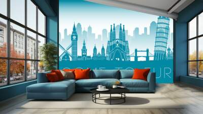 Europe famous landmark blue green silhouette design Wall mural