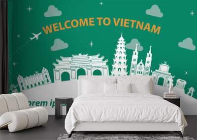 famous landmark of vietnam,travel destination,silhouette design with white  and dark blue color,vector illustration Wall mural