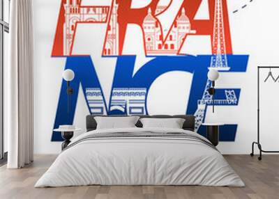 France famous landmark silhouette style inside text,national flag color red and blue design,vector illustration Wall mural